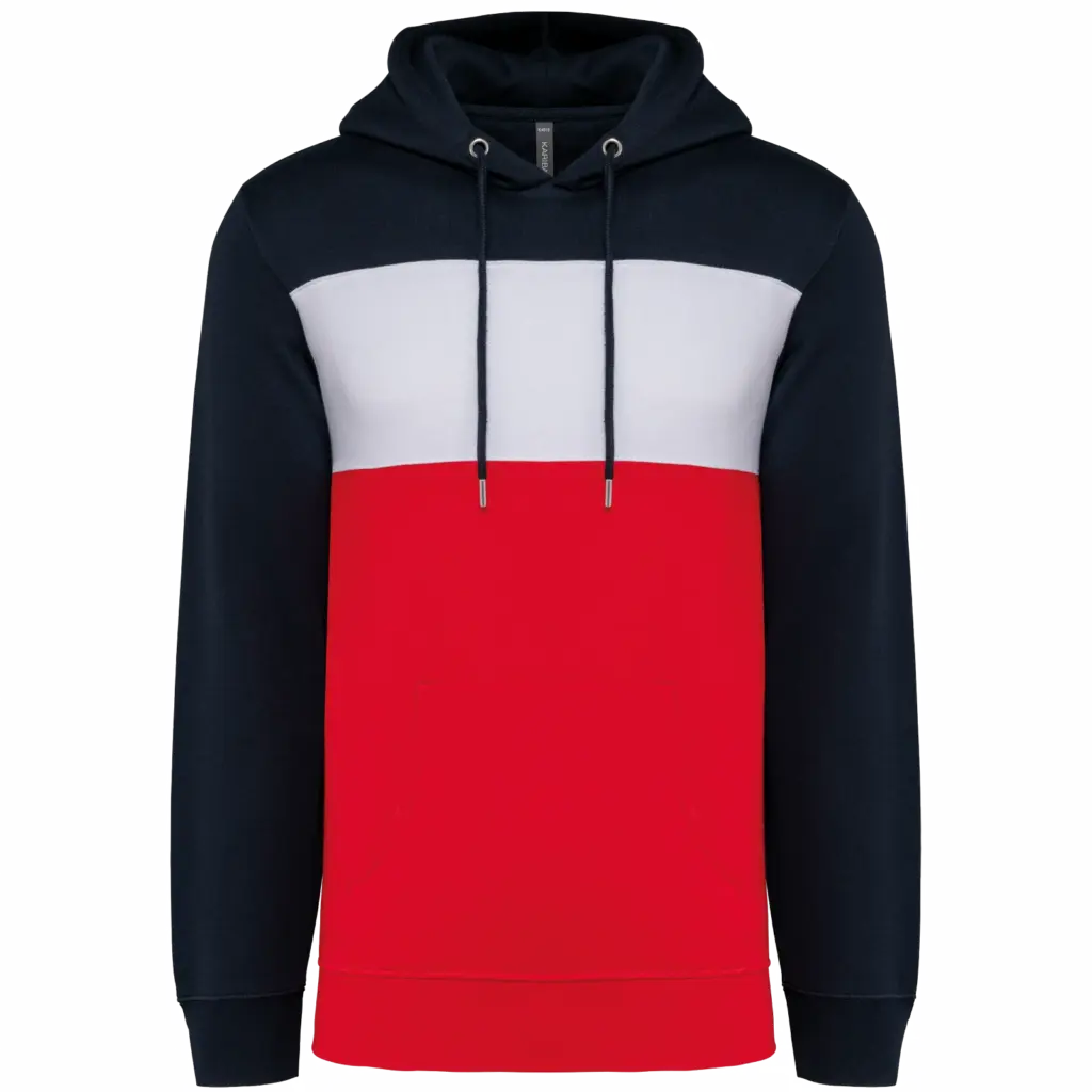 Driekleurige unisex sweater met capuchon, navy / white / red — productfoto 27