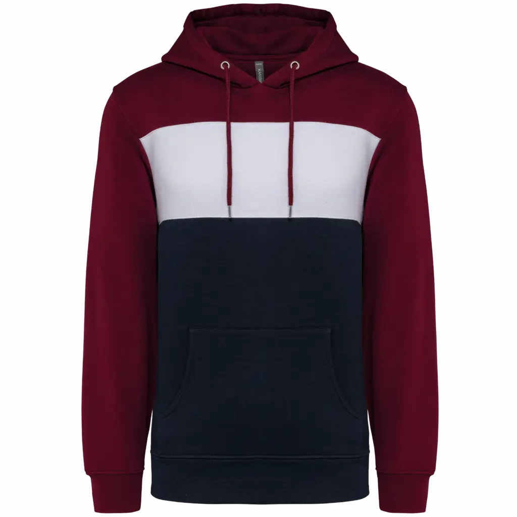 Driekleurige unisex sweater met capuchon, wine / white / navy — productfoto 30
