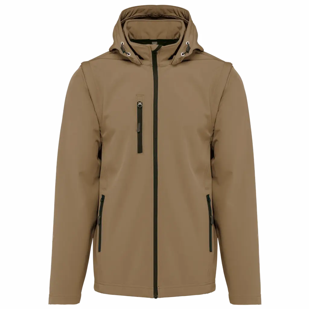 3-laags uniseks softshelljas met afneembare capuchon en mouwen, camel — productfoto 20