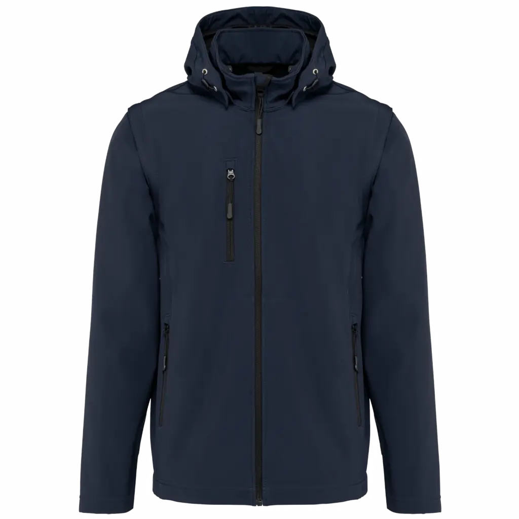 3-laags uniseks softshelljas met afneembare capuchon en mouwen, navy — productfoto 29