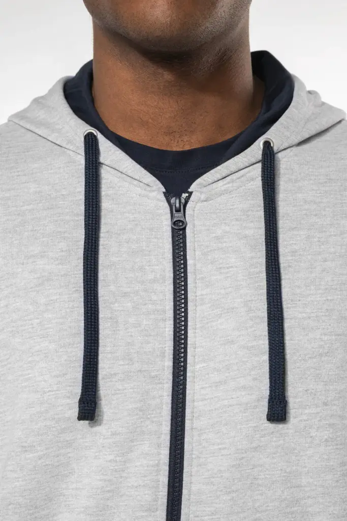 K466-6_2026 - Hidalgo-werbeartikel Herensweater met rits en capuchon in contrasterende kleur — productfoto 3