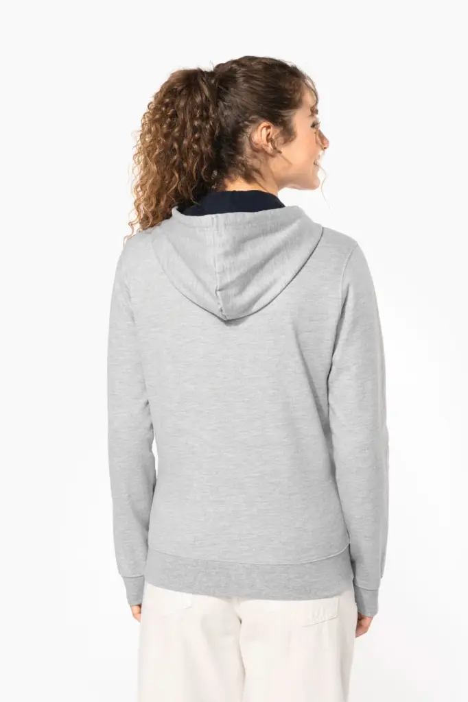 K467-5_2026 - Hidalgo-werbeartikel Damessweater met rits en capuchon in contrasterende kleur — productfoto 1