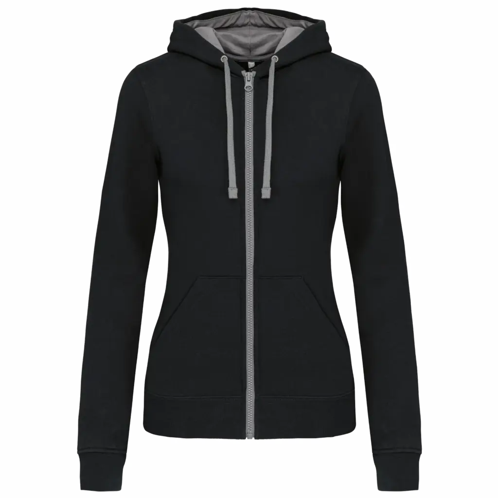 PS_K467_BLACK-FINEGREY - Hidalgo-werbeartikel Damessweater met rits en capuchon in contrasterende kleur, black / fine grey — productfoto 6