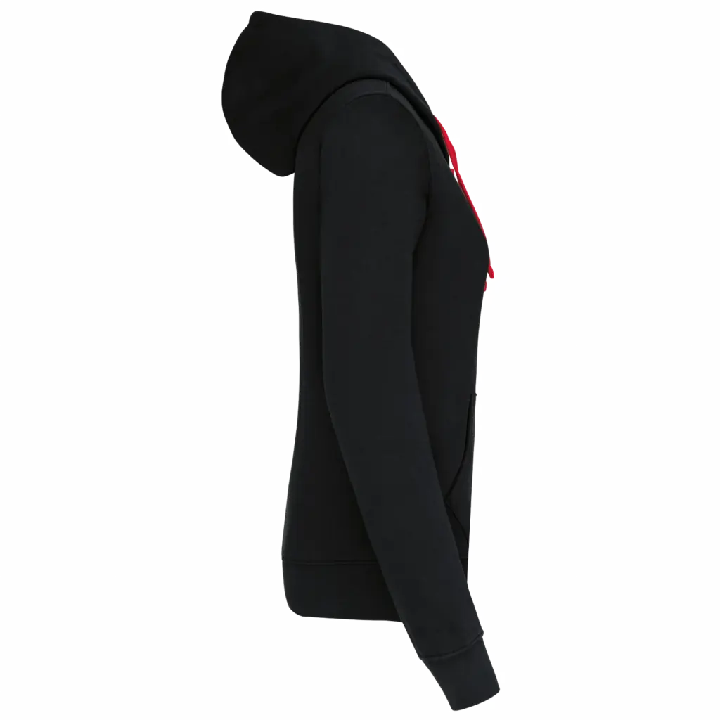 PS_K467-S_BLACK-RED - Hidalgo-werbeartikel Damessweater met rits en capuchon in contrasterende kleur, black / red — productfoto 8