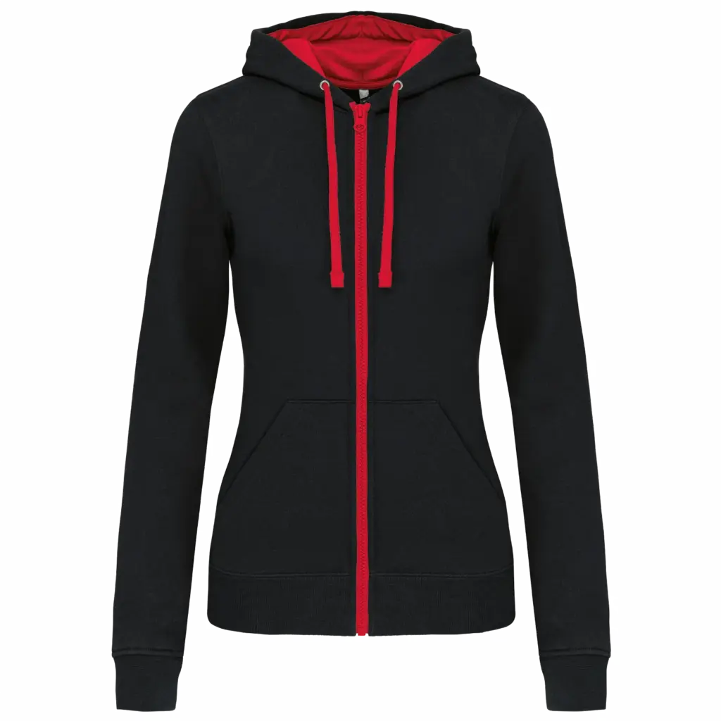 PS_K467_BLACK-RED - Hidalgo-werbeartikel Damessweater met rits en capuchon in contrasterende kleur, black / red — productfoto 9
