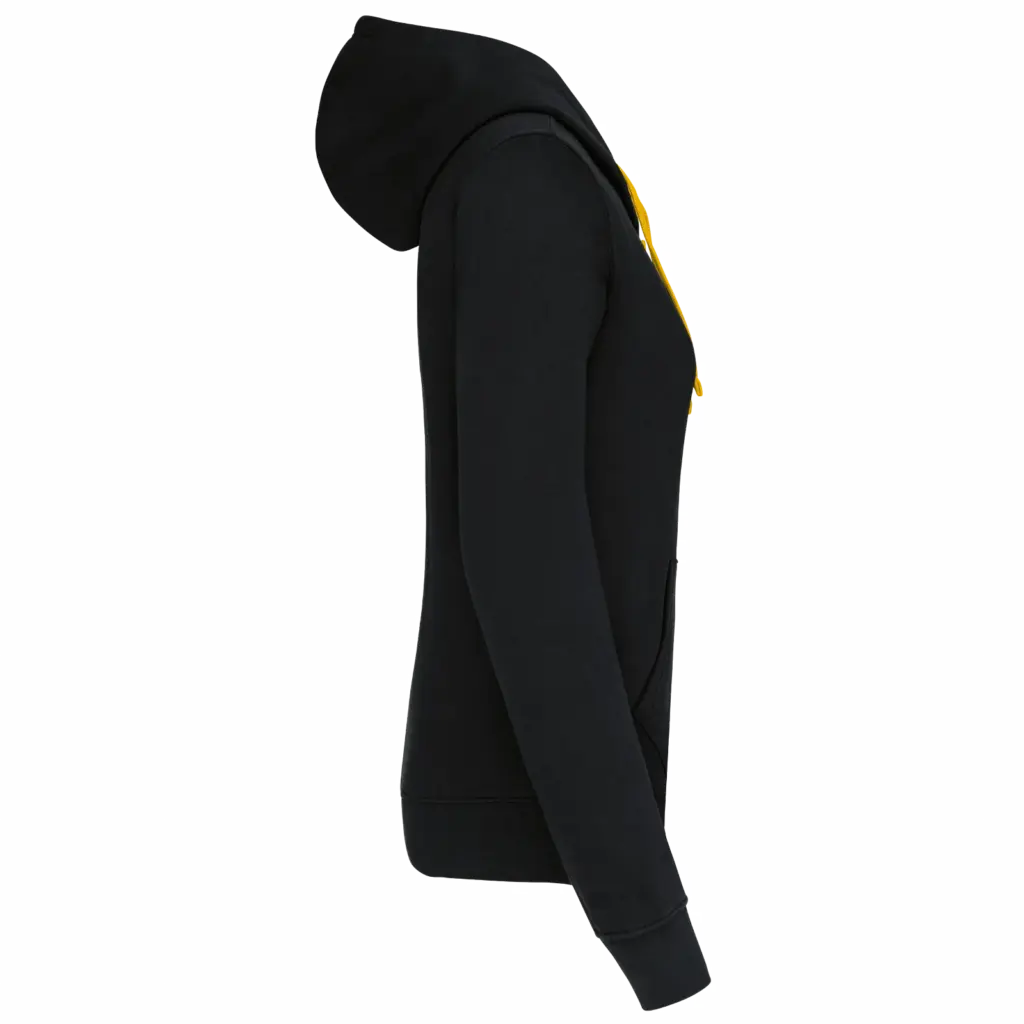PS_K467-S_BLACK-YELLOW - Hidalgo-werbeartikel Damessweater met rits en capuchon in contrasterende kleur, black / yellow — productfoto 11