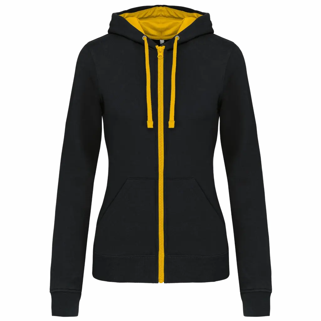 PS_K467_BLACK-YELLOW - Hidalgo-werbeartikel Damessweater met rits en capuchon in contrasterende kleur, black / yellow — productfoto 12