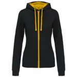 PS_K467_BLACK-YELLOW - Hidalgo-werbeartikel Damessweater met rits en capuchon in contrasterende kleur, black / yellow — productfoto 12