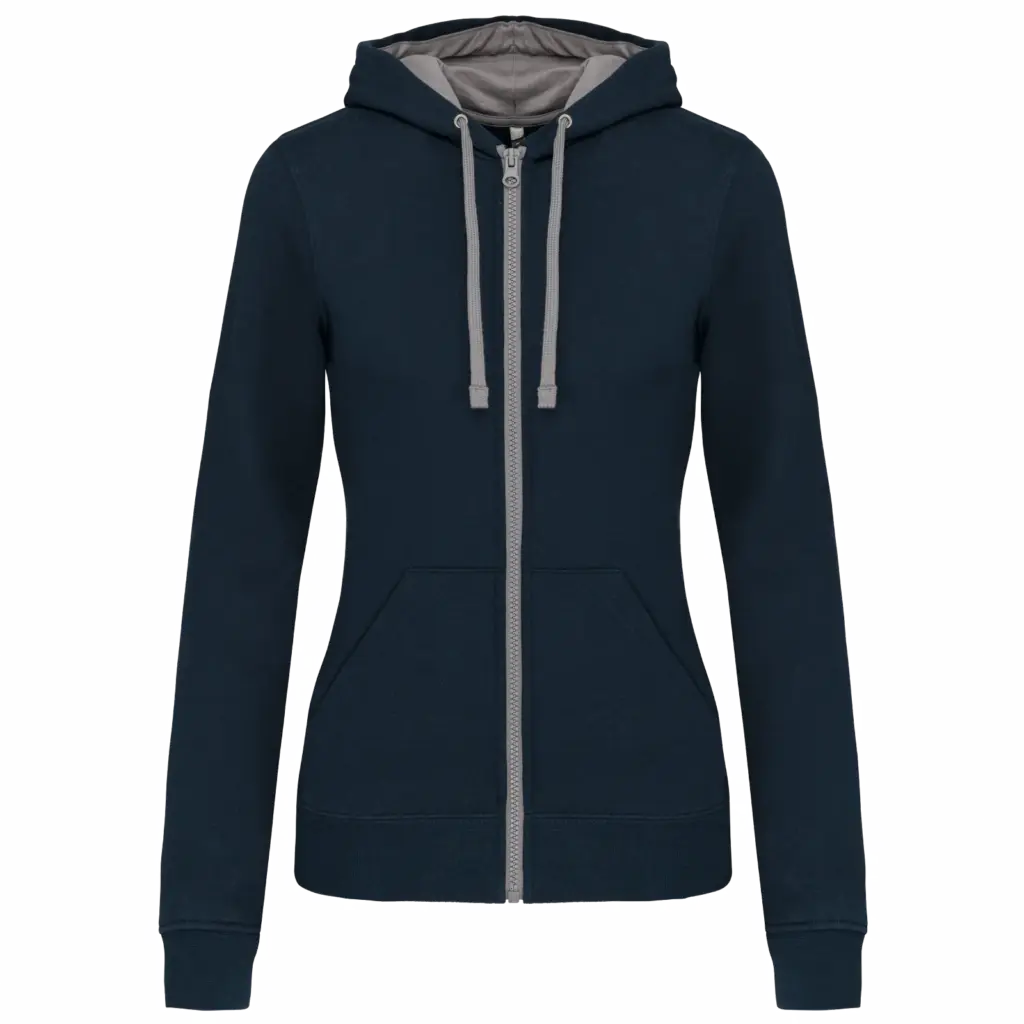 PS_K467_NAVY-FINEGREY - Hidalgo-werbeartikel Damessweater met rits en capuchon in contrasterende kleur, navy / fine grey — productfoto 15
