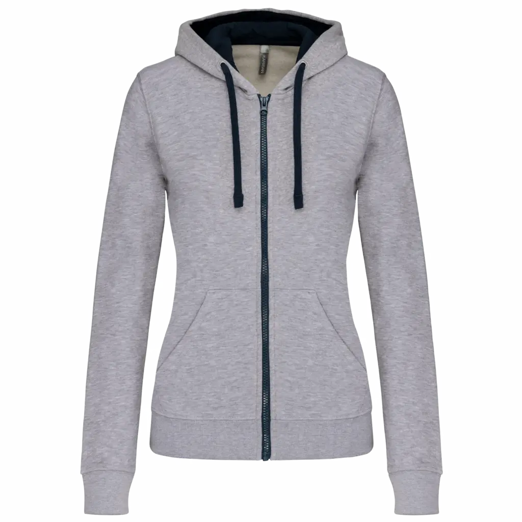 PS_K467_OXFORDGREY-NAVY - Hidalgo-werbeartikel Damessweater met rits en capuchon in contrasterende kleur, oxford grey / navy — productfoto 18