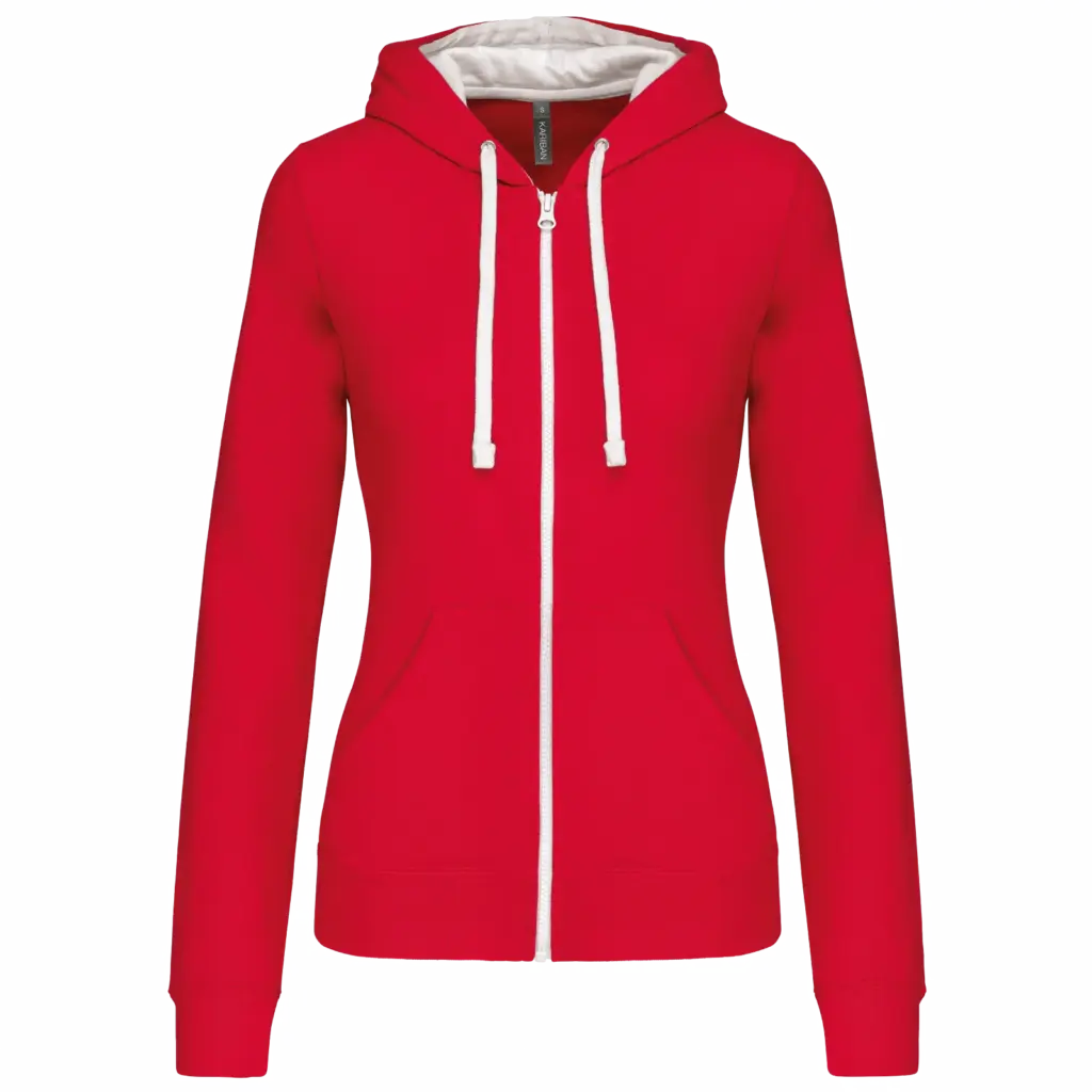 PS_K467_RED-WHITE - Hidalgo-werbeartikel Damessweater met rits en capuchon in contrasterende kleur, red / white — productfoto 21