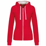 PS_K467_RED-WHITE - Hidalgo-werbeartikel Damessweater met rits en capuchon in contrasterende kleur, red / white — productfoto 21