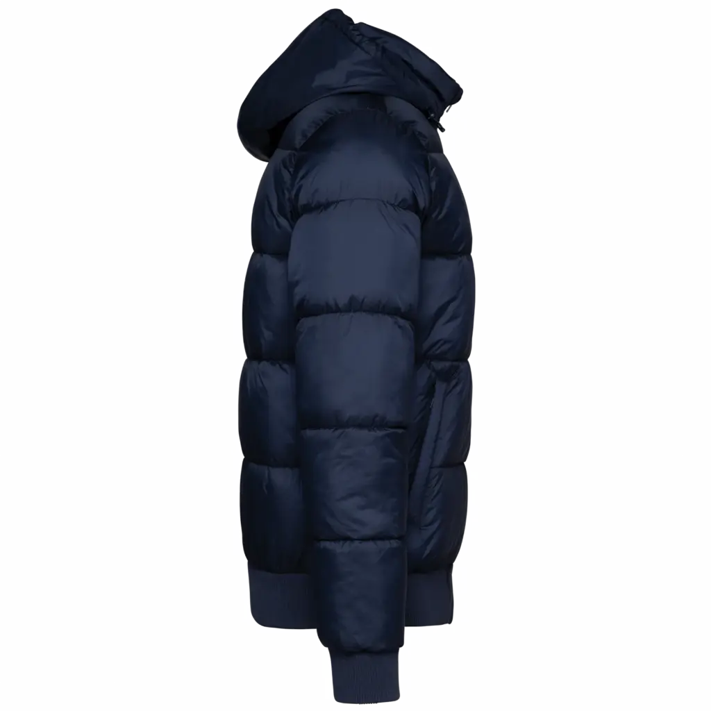 Uniseks donsjack met capuchon van gerecycled ripstop, navy — productfoto 6