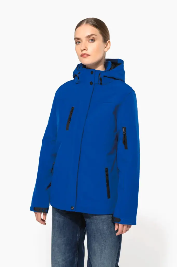 Gewatteerde softshell damesparka met capuchon