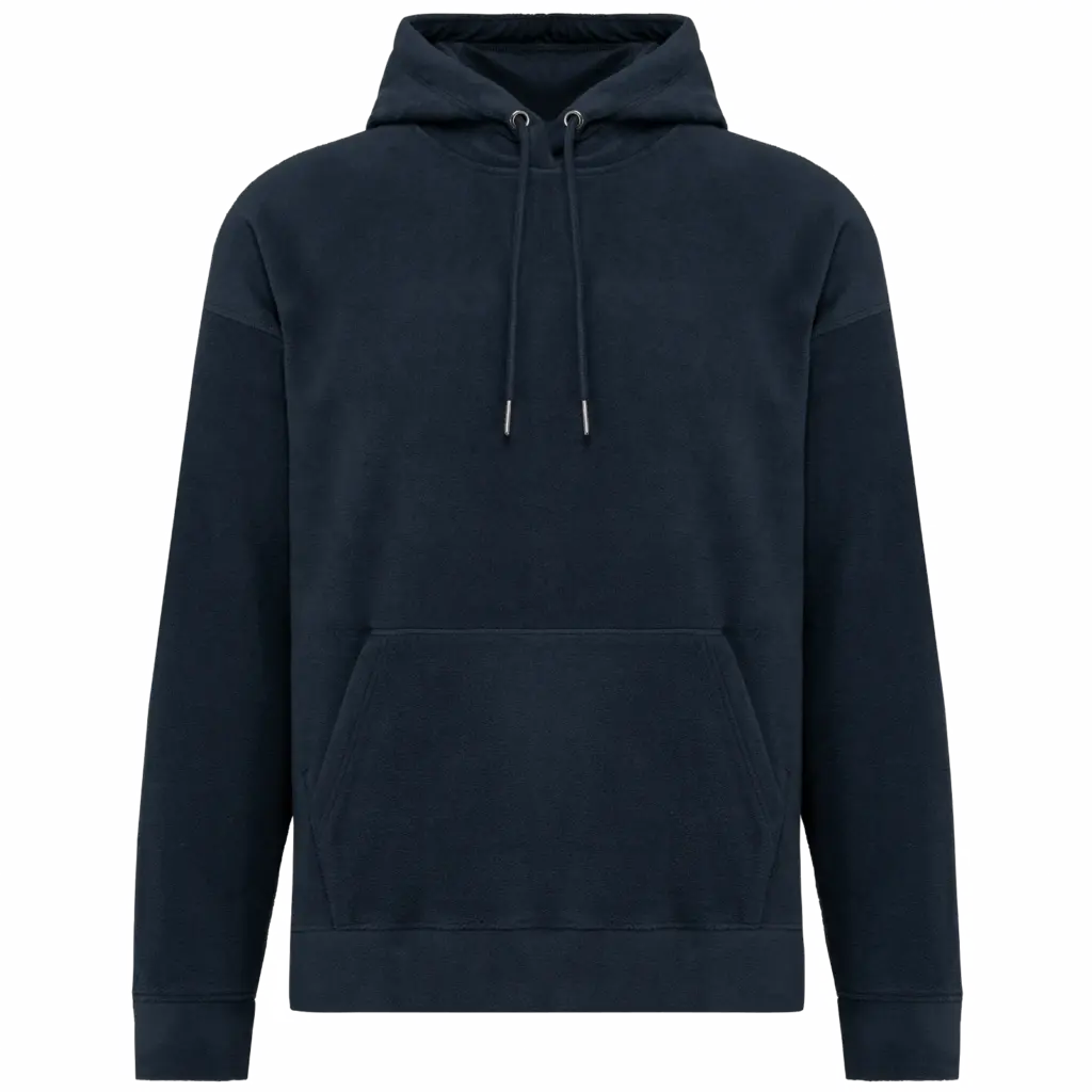 Oversized uniseks sweater met capuchon van gerecycled fleece, navy — productfoto 7