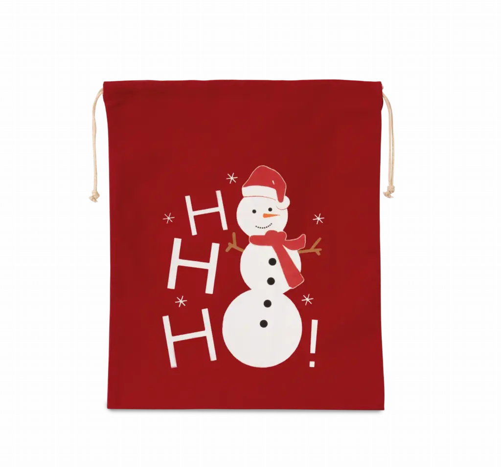 Katoenen koordjestas met sneeuwmanmotief, cherry red — productfoto 4
