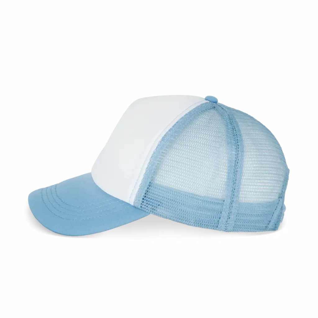 PS_KP111-S_WHITE-DARKSKYBLUE - Hidalgo-werbeartikel Trucker - Pet 5 panelen, white / dark sky blue — productfoto 11