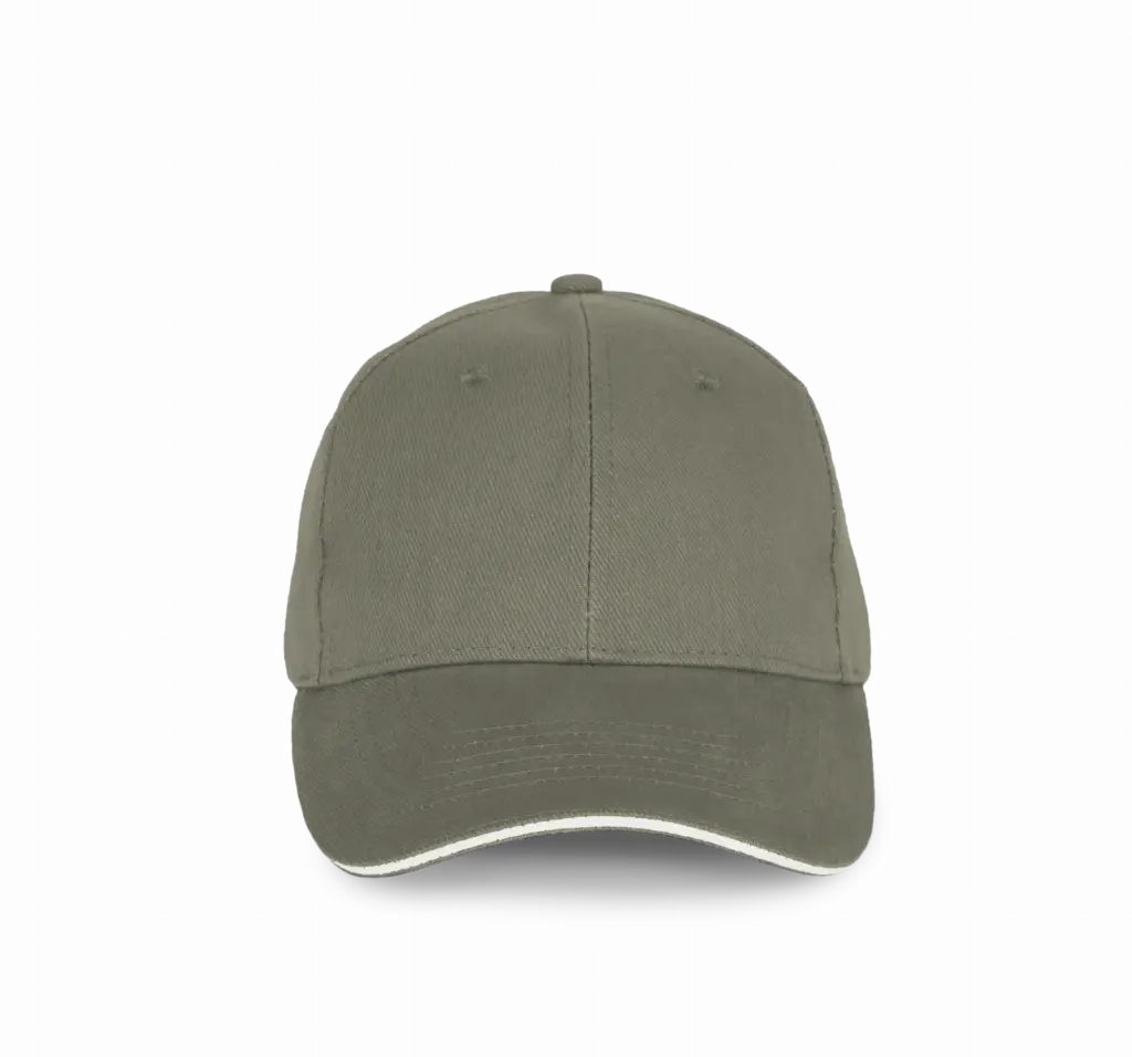PS_KP198_ALMONDGREEN-IVORY - Hidalgo-werbeartikel Pet van biologisch katoen met contrasterende bies - 6 panelen, almond green / ivory — productfoto 5