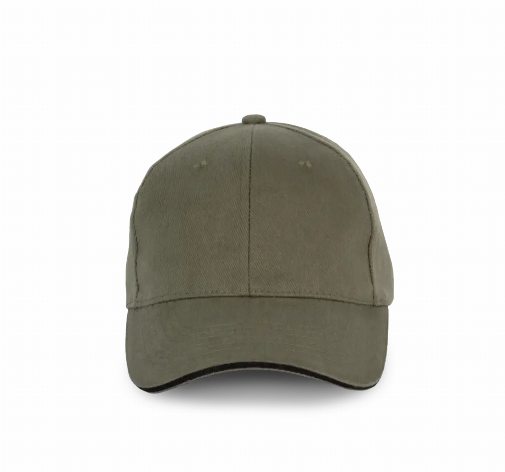 PS_KP198_ORGANICKHAKI-BLACK - Hidalgo-werbeartikel Pet van biologisch katoen met contrasterende bies - 6 panelen, organic khaki / black — productfoto 12