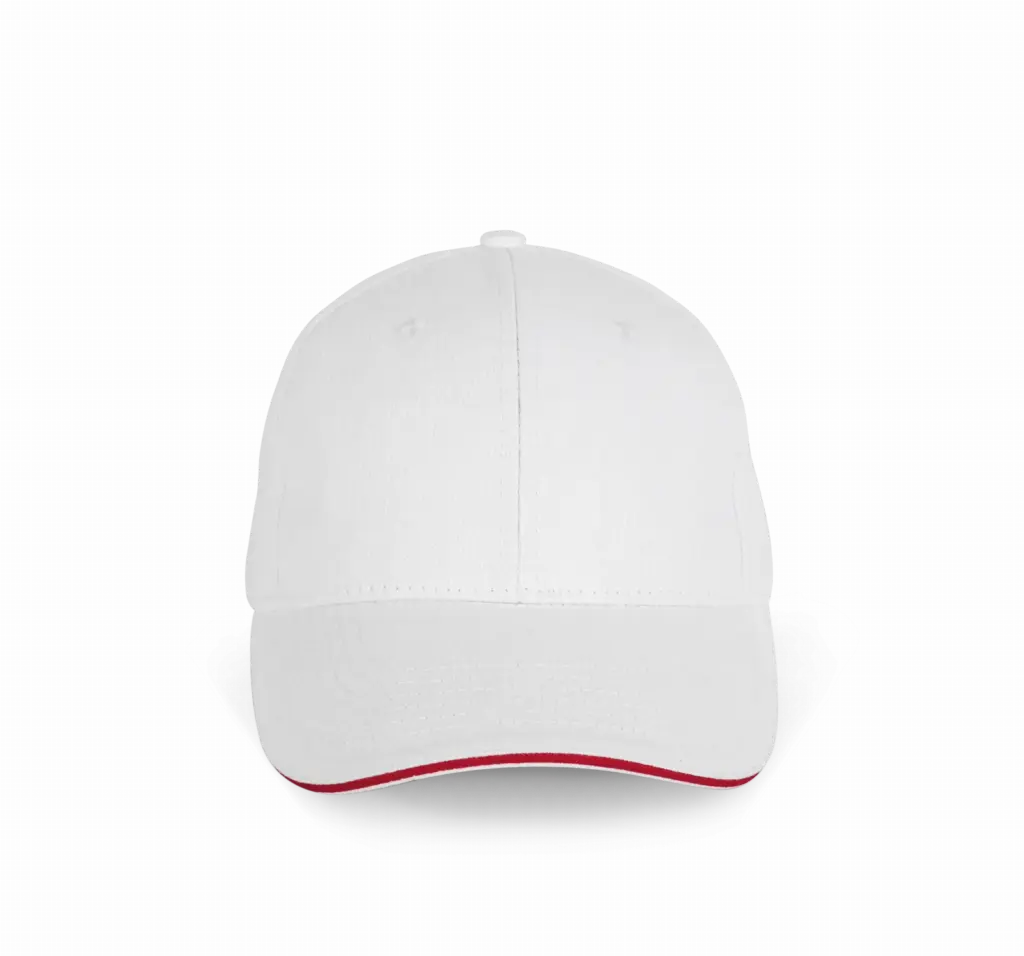 PS_KP198_WHITE-HIBISCUSRED - Hidalgo-werbeartikel Pet van biologisch katoen met contrasterende bies - 6 panelen, white / hibiscus red — productfoto 16
