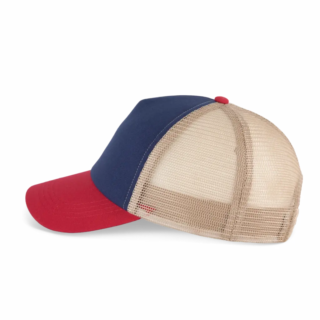 PS_KP240-S_MOODINDIGO-LIGHTSCARLETRED-BEIGESAND - Hidalgo-werbeartikel Truckerpet met 5 panelen van canvaskatoen - K-up Gold Label, mood indigo / light scarlet red / beige sand — productfoto 11