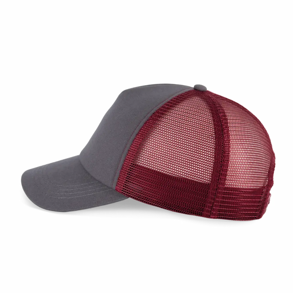 PS_KP240-S_SHARKGREY-CABERNETWINE - Hidalgo-werbeartikel Truckerpet met 5 panelen van canvaskatoen - K-up Gold Label, shark grey / cabernet wine — productfoto 13