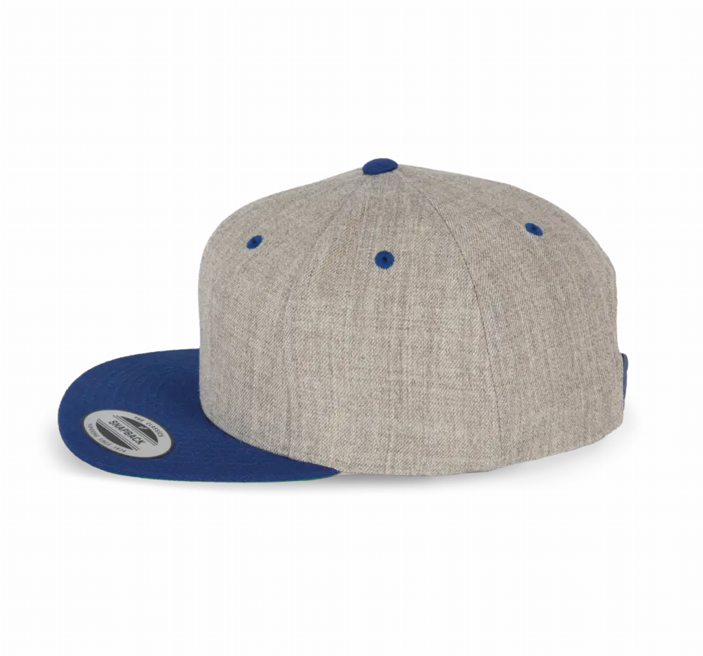 PS_KP910-S_HEATHERGREY-ROYALBLUE - Hidalgo-werbeartikel Flexfit pet met platte zonneklep - 6 panelen, heather grey / royal blue — productfoto 8
