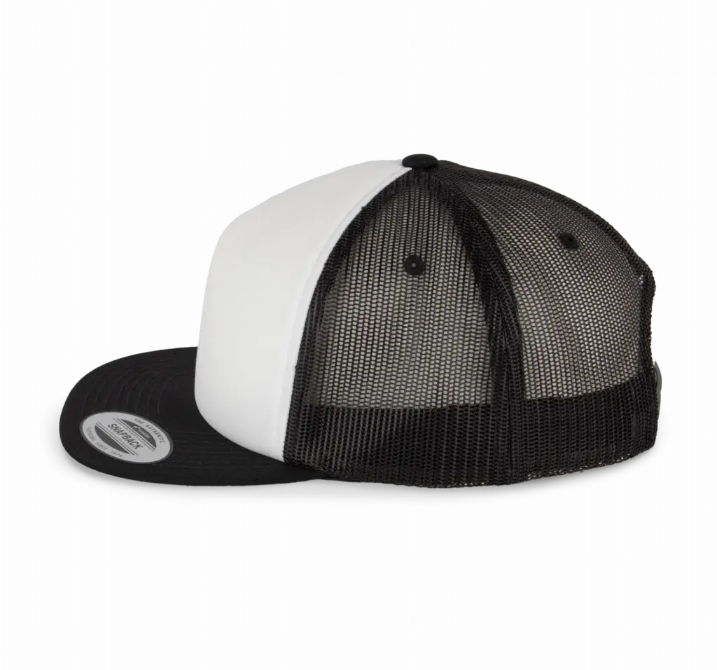 PS_KP911-S_BLACK-WHITE - Hidalgo-werbeartikel Klassieke Flexfit Truckerpet - 5 panelen, black/white — productfoto 6