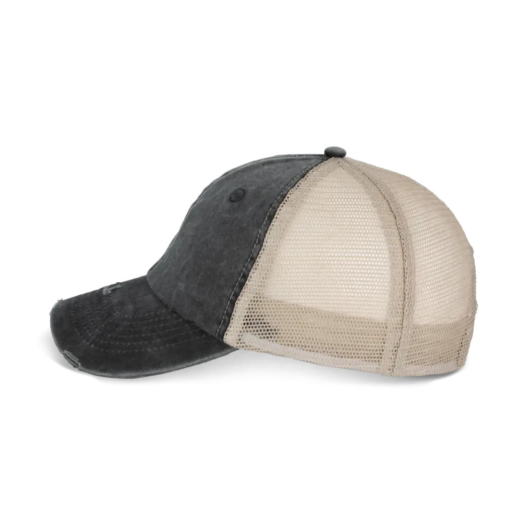 Ecologische uniseks truckerpet met verwassen look, washed black / beige — productfoto 3