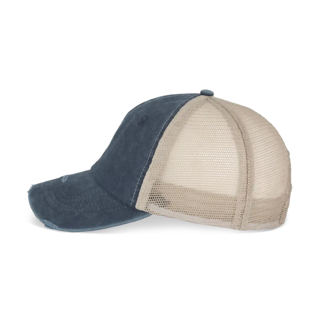 Ecologische uniseks truckerpet met verwassen look, washed navy blue / beige — productfoto 4