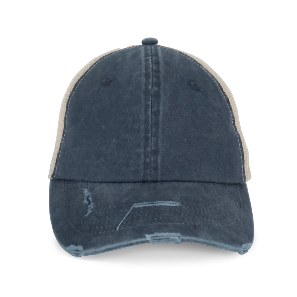 Ecologische uniseks truckerpet met verwassen look, washed navy blue / beige — productfoto 5