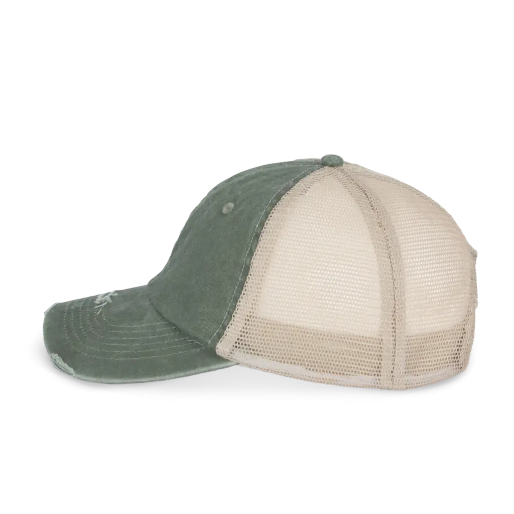 Ecologische uniseks truckerpet met verwassen look, washed organic khaki / beige — productfoto 5