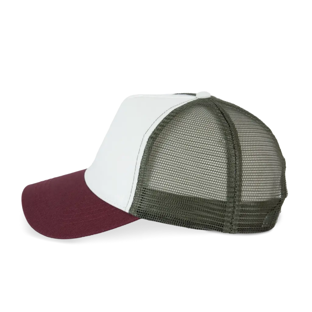 Ecologische uniseks truckerpet met 5 panelen, ivory / dark cherry / organic khaki — productfoto 9