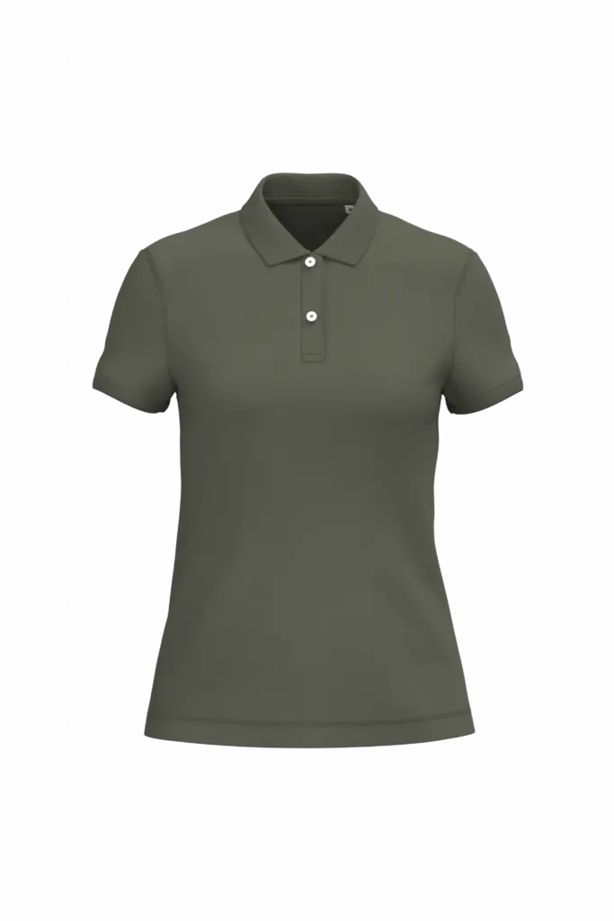 Ecologische damespolo in piquétricot, organic khaki — productfoto 14
