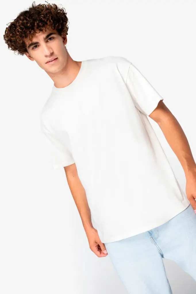 Ecologisch uniseks T-shirt met afhangende schouders — productfoto 3