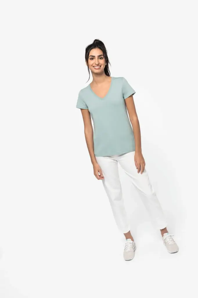 NS334-9_2023 - Hidalgo-werbeartikel Ecologisch dames T-shirt met V-hals — productfoto 2