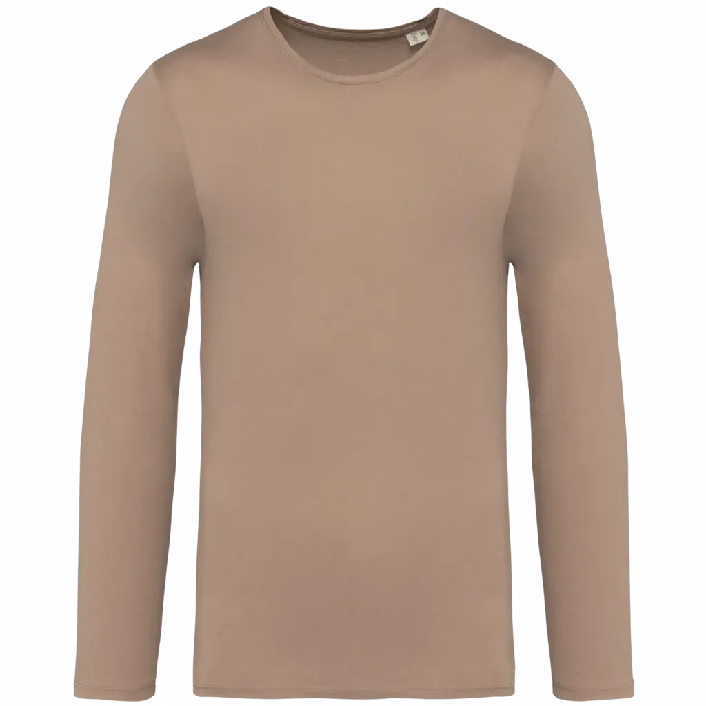 Ecologisch verwassen uniseks T-shirt lange mouwen, washed cream coffee — productfoto 6