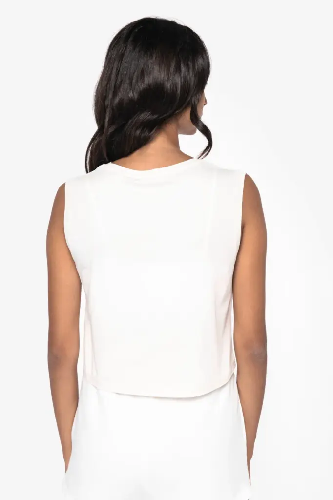 NS342-5_2023 - Hidalgo-werbeartikel Ecologisch cropped mouwloos dames-T-shirt — productfoto 3