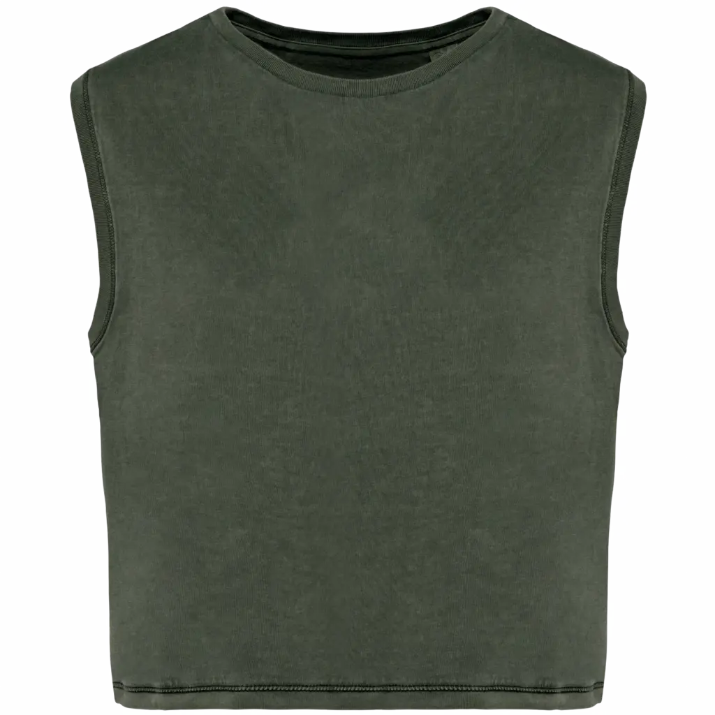 Ecologisch cropped mouwloos dames-T-shirt, washed organic khaki — productfoto 8