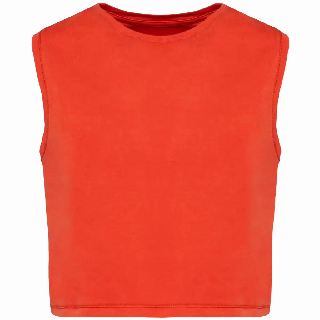 Ecologisch cropped mouwloos dames-T-shirt, washed paprika — productfoto 9