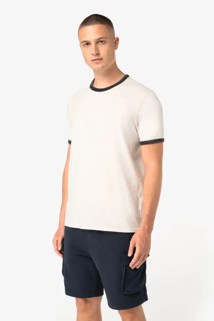 Ecologisch ringer heren T-shirt met contrasterende boorden en verwassen look — productfoto 3