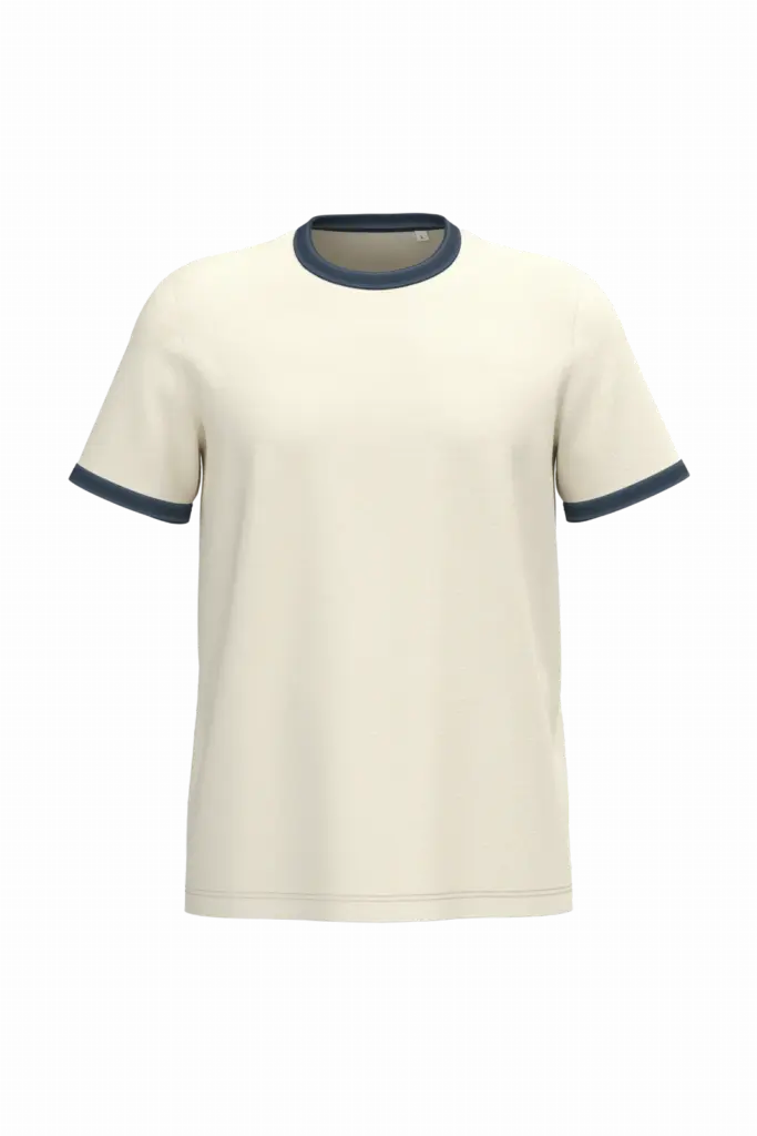 Ecologisch ringer heren T-shirt met contrasterende boorden en verwassen look, ivory / washed navy blue — productfoto 7