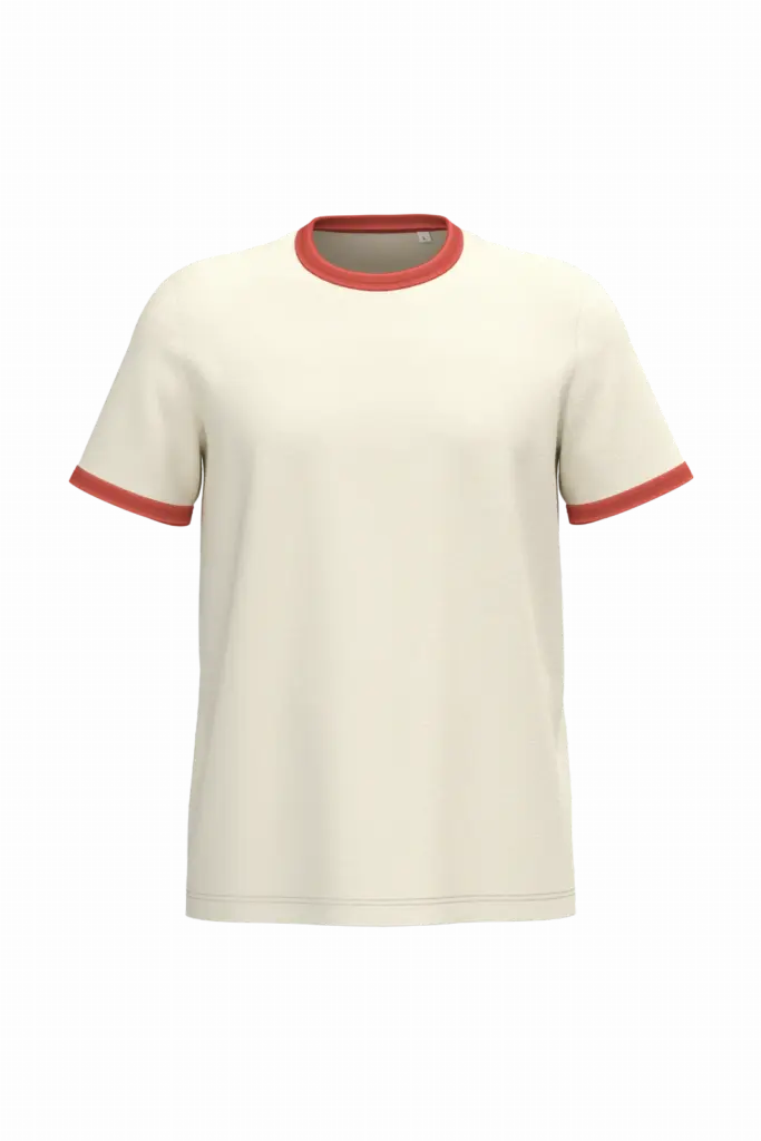 Ecologisch ringer heren T-shirt met contrasterende boorden en verwassen look, ivory / washed paprika — productfoto 8