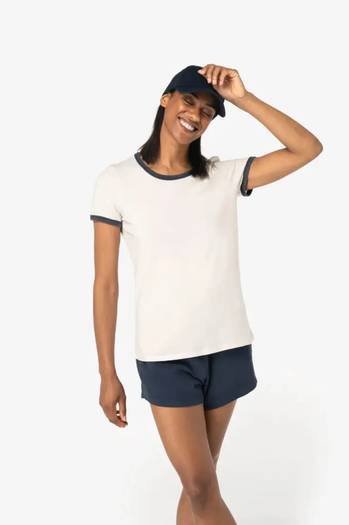 NS361-14_2026 - Hidalgo-werbeartikel Ecologisch ringer dames T-shirt met contrasterende boorden en verwassen look — productfoto 3