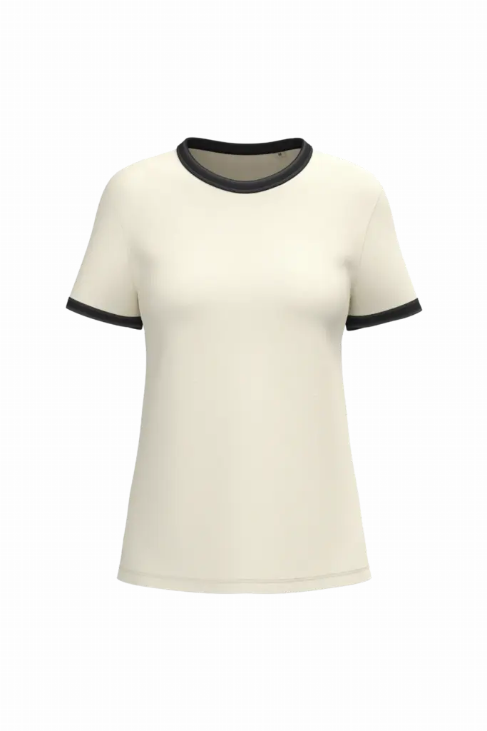 Ecologisch ringer dames T-shirt met contrasterende boorden en verwassen look, ivory / washed black — productfoto 6