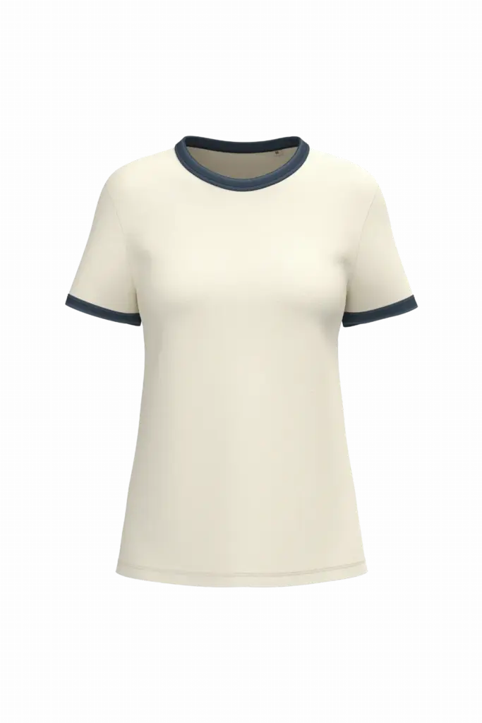 Ecologisch ringer dames T-shirt met contrasterende boorden en verwassen look, ivory / washed navy blue — productfoto 7
