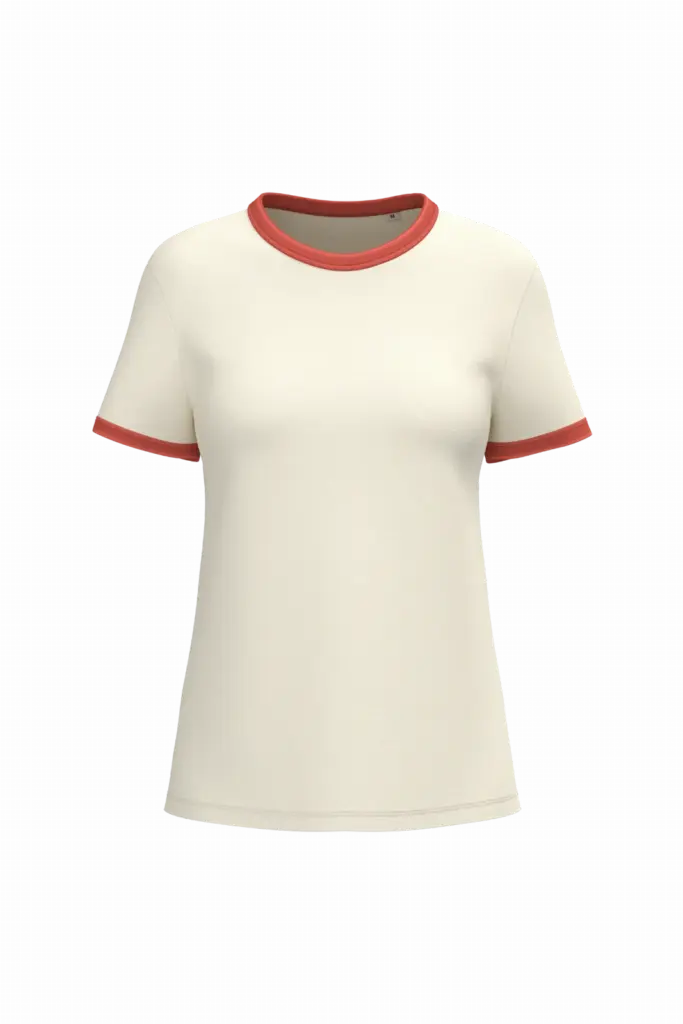 Ecologisch ringer dames T-shirt met contrasterende boorden en verwassen look, ivory / washed paprika — productfoto 8