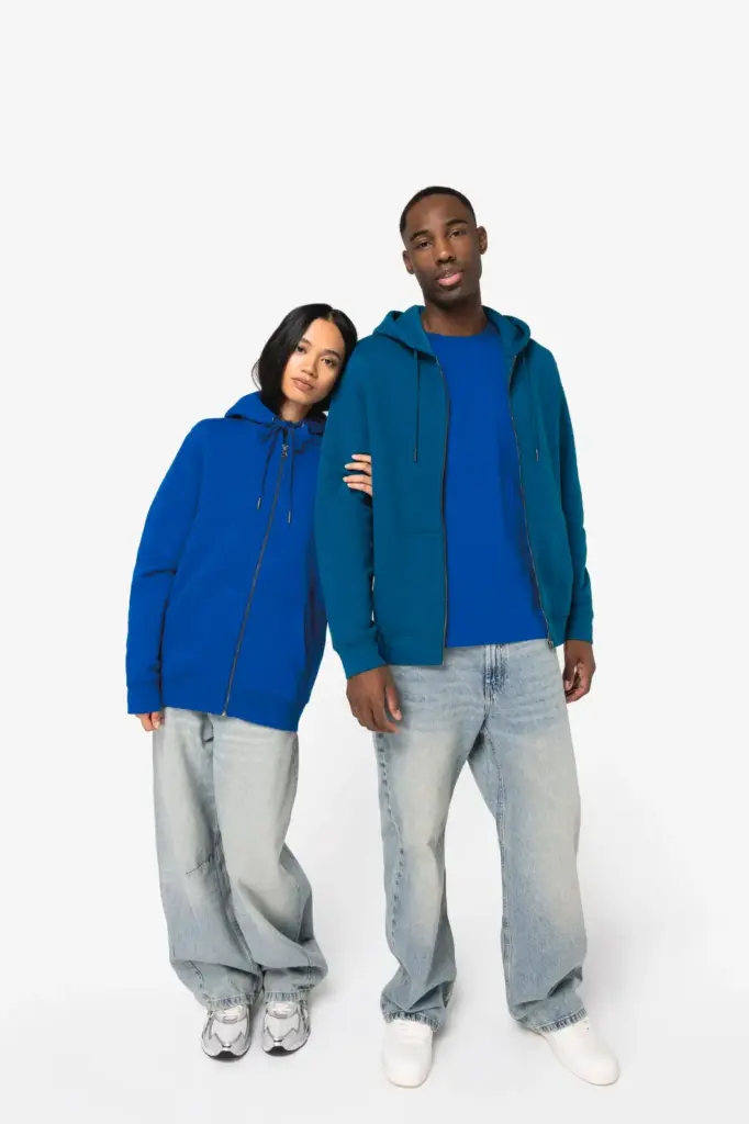NS402-23_2025 - Hidalgo-werbeartikel Ecologisch uniseks sweatvest met capuchon — productfoto 2