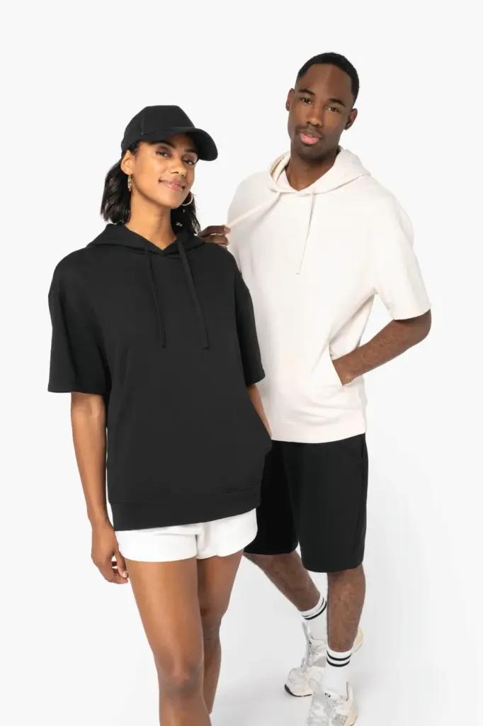Ecologische uniseks sweater met capuchon en korte verlaagde schouders French Terry