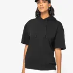 Ecologische uniseks sweater met capuchon en korte verlaagde schouders French Terry — productfoto 2